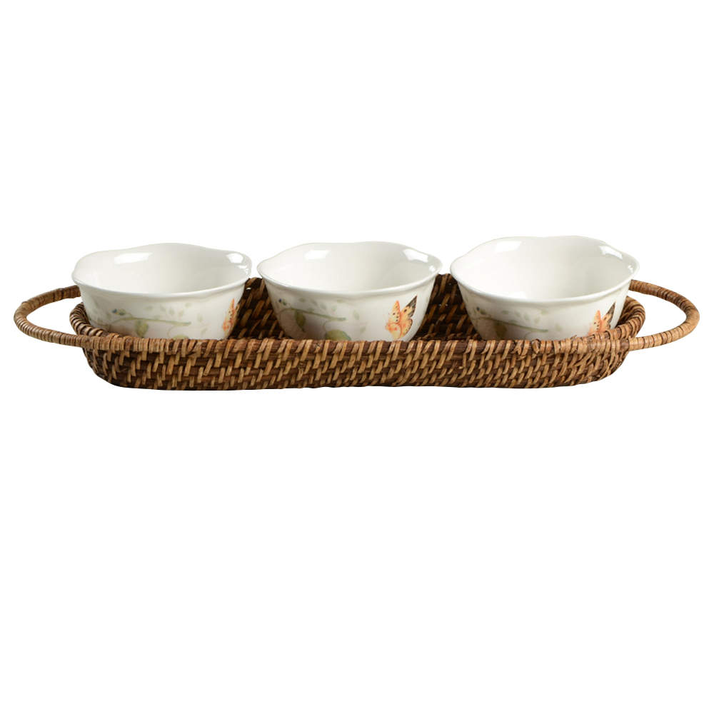 Butterfly Meadow Handled Rattan Server w/3 Dessert Bowls (DESB) by Lenox-1