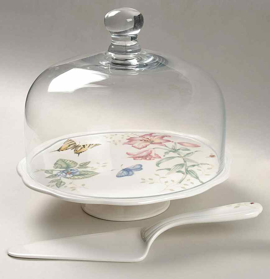 Butterfly Meadow 9" Cake Stand w/Glass Dome & Ceramic Server by Lenox-1