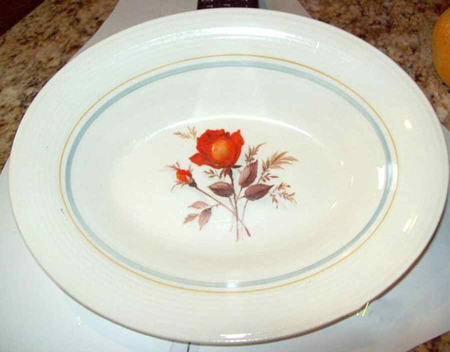 Vermillion Rose (Inner Blue and Gold Bands) 11" Oval Serving Platter by Limoges-American-1