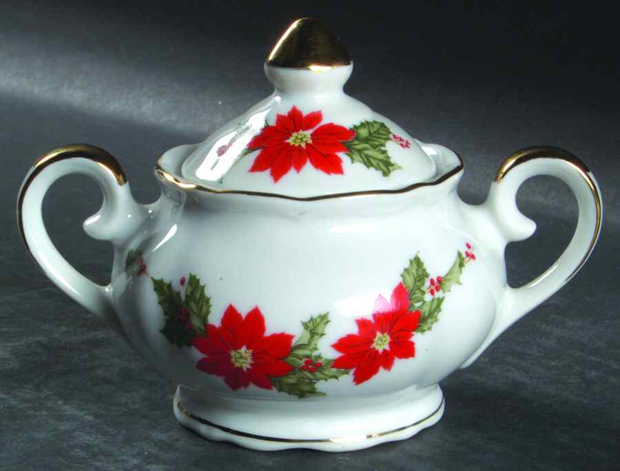 Poinsettia (White Background) Sugar Bowl & Lid by Lefton-1