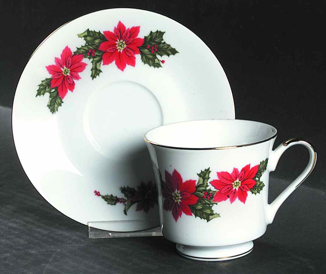 Poinsettia (White Background) Footed Cup & Saucer Set by Lefton-1