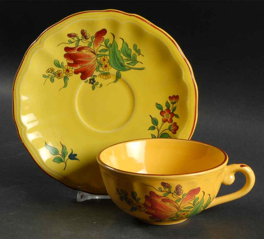 Old Strasbourg (Yellow Background, Roses) Flat Cup & Saucer Set by Luneville-1