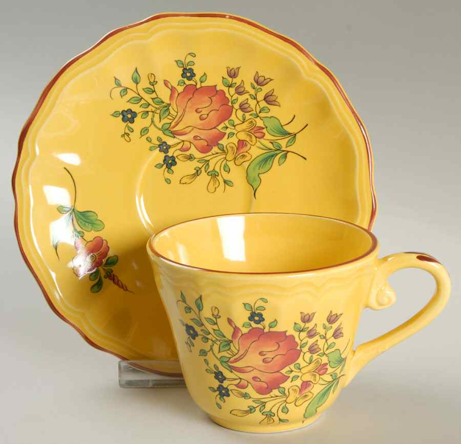Old Strasbourg (Yellow Background, Roses) Flat Cup & Saucer Set by Luneville-1