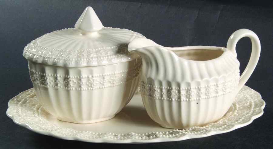 Irish Lace Creamer & Sugar with Lid & Tray Set by Lefton-1