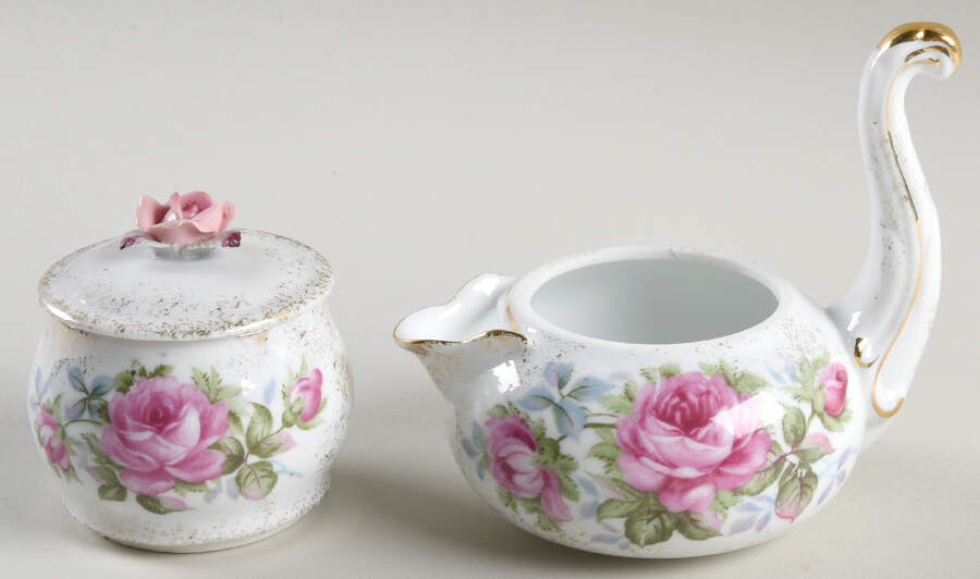 Elegant Rose Stacking Creamer & Sugar with Lid by Lefton-1