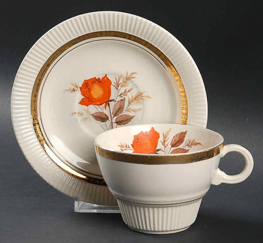 Vermillion Rose (Inner Wide Gold Band) Flat Cup & Saucer Set by Limoges-American-1