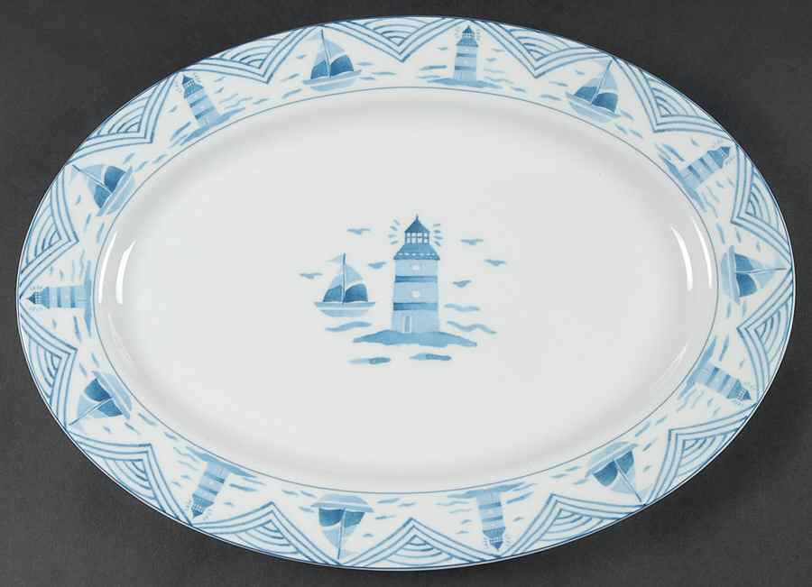 Blue Lighthouse 14" Oval Serving Platter by Lynn's China-1