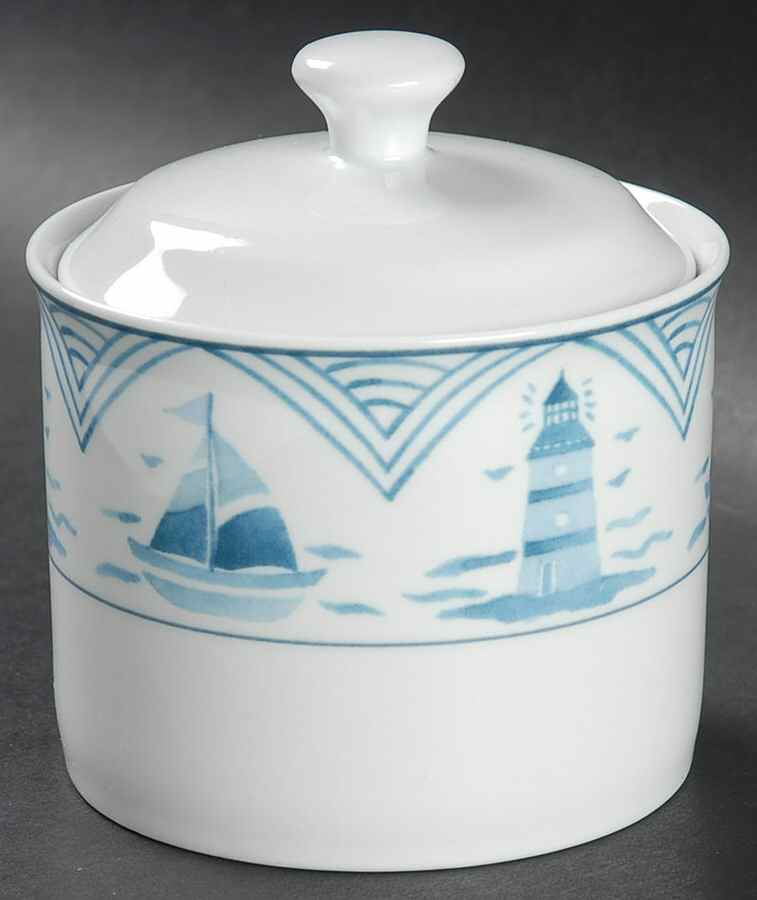 Blue Lighthouse Sugar Bowl & Lid by Lynn's China-1