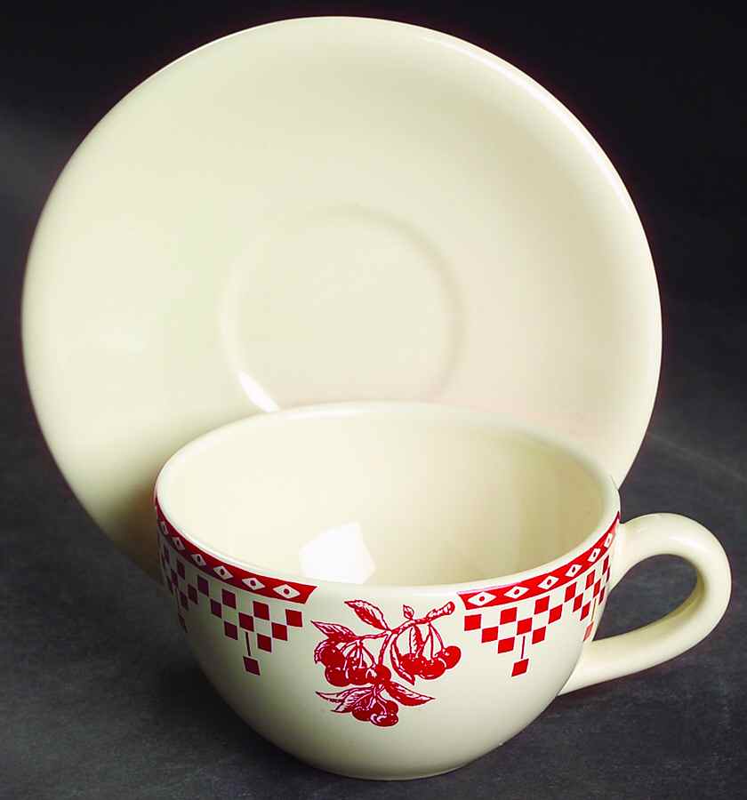 Damier Red Flat Cup & Saucer Set by Le Comptoir-1