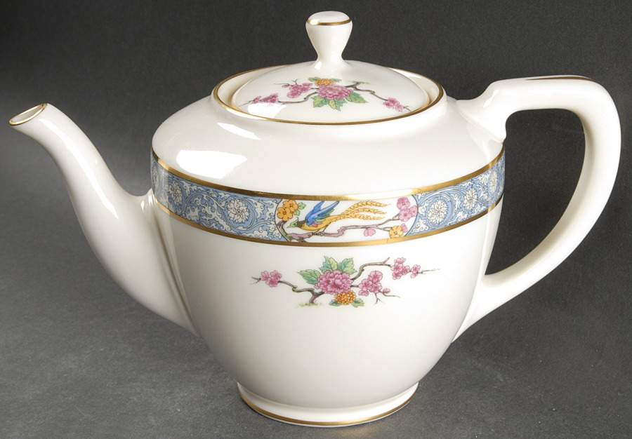 Ming-Birds (Newer, Cream, Gold Backstamp) Shape 1961 Teapot & Lid by Lenox-1