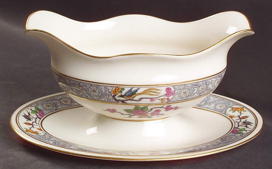 Ming-Birds (Newer, Cream, Gold Backstamp) Gravy Boat with Attached Underplate by Lenox-1