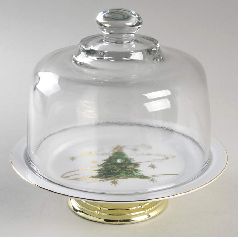 Holiday Magic 6 1/2"-7 1/2" Footed Cheese Plate w/ Glass Dome HC by Lynn's China-1