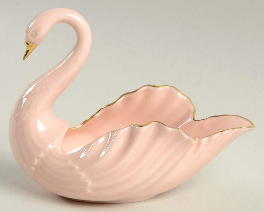 Swan Col Pink (Gold Trim, Open Tail, Green Stamp) 4" Swan Form Bowl by Lenox-1