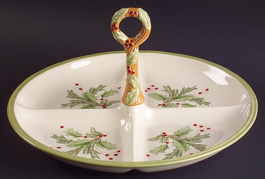 Holiday Gatherings Holiday Berry 4 Part Round Handled Carved Divided Server by Lenox-1