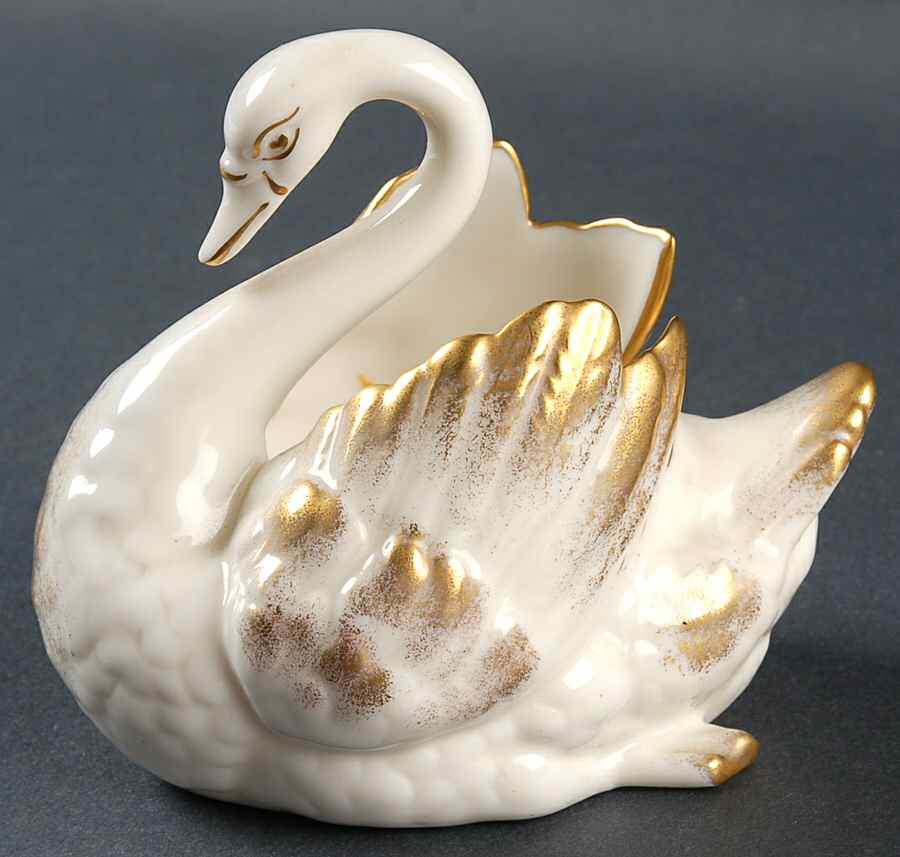 Swan Col Crm (GoTrim, Closed Tail, GreenStp) Swan Shaped Open Sugar Bowl by Lenox-1