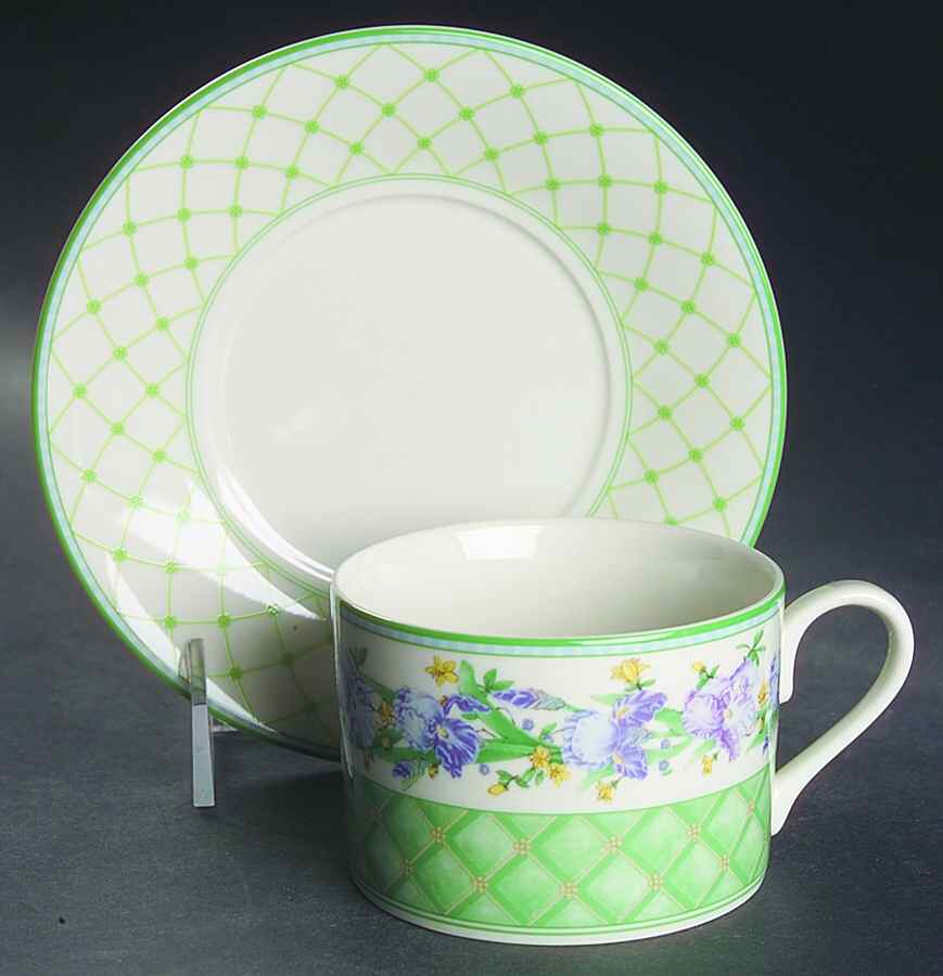 Flower Blossom Collection (Green Trim) Flat Cup & Saucer Set by Lenox-1
