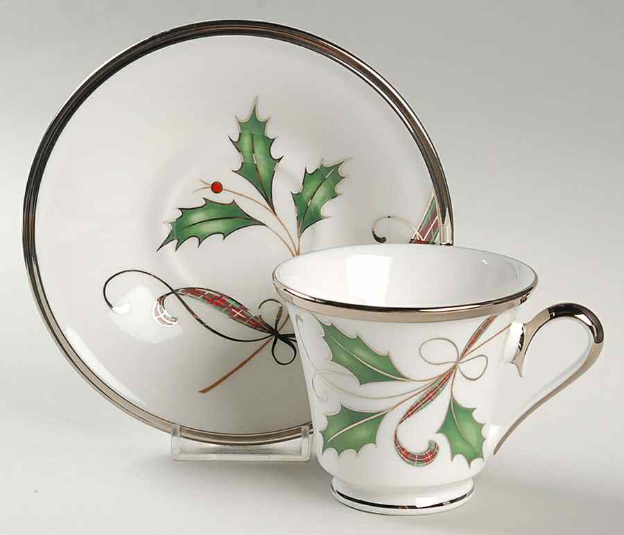 Holiday Nouveau Platinum (White) Footed Cup & Saucer Set by Lenox-1