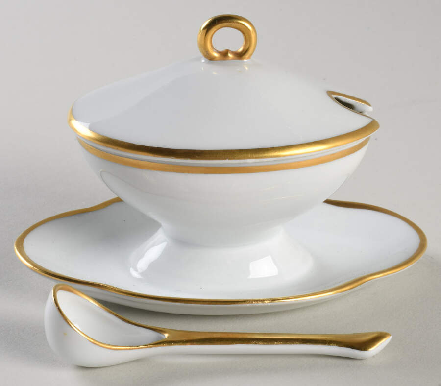 LIM400 Oval Mustard w/Lid, Attached Underplate & Spoon by Limoges-French-1