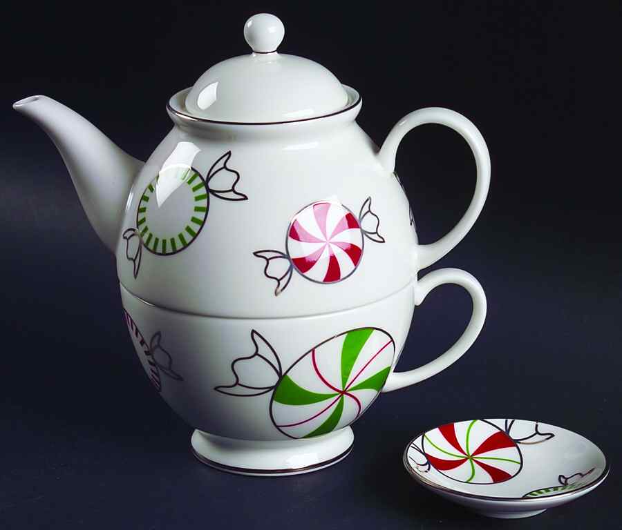 Merry and Bright Peppermint Individual Teapot & Lid w/Cup & Tea Bag Holder by Lenox-1