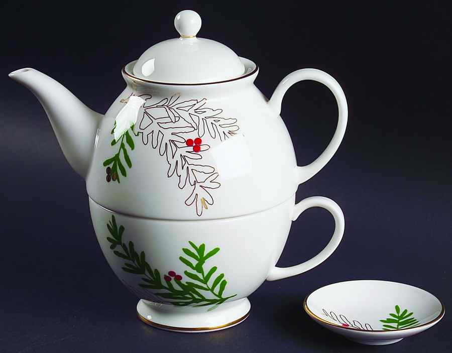 Merry and Bright Pine and Berry Individual Teapot & Lid w/Cup & Tea Bag Holder by Lenox-1