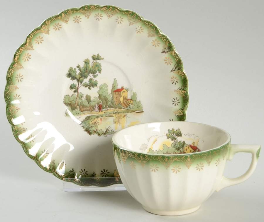 Chateau France Mandarin Green (Fil KS220) Flat Cup & Saucer Set by Limoges-American-1