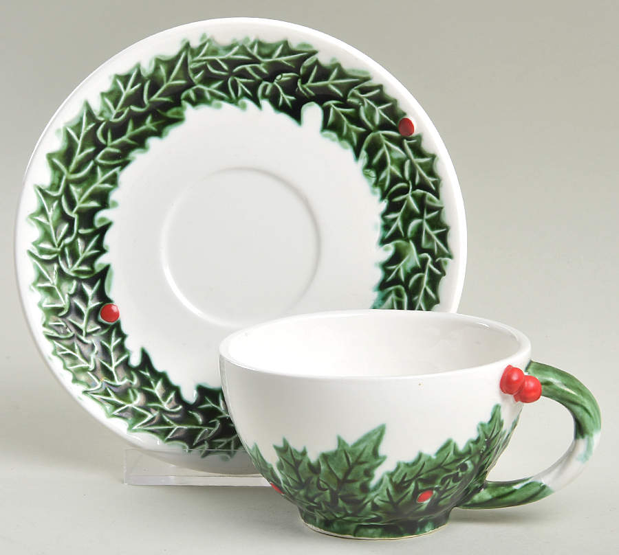White Christmas Footed Cup & Saucer Set by Lefton-1