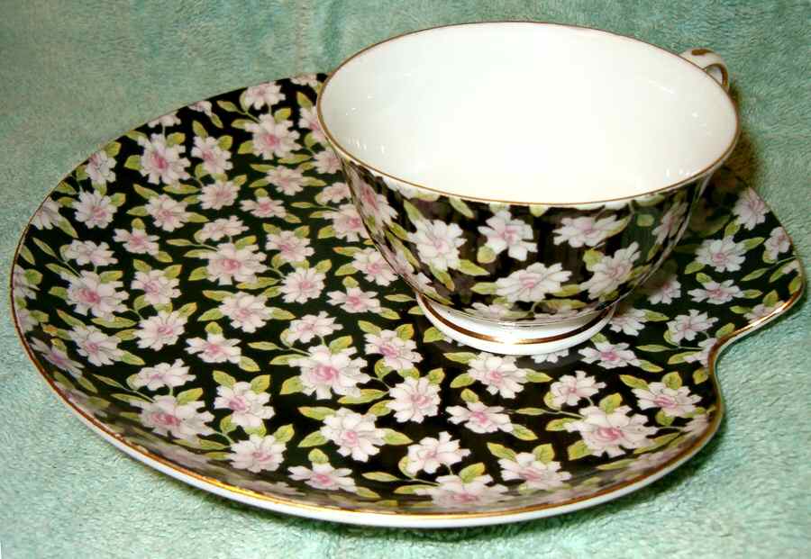Black Chintz Snack Plate & Cup Set by Lefton-1