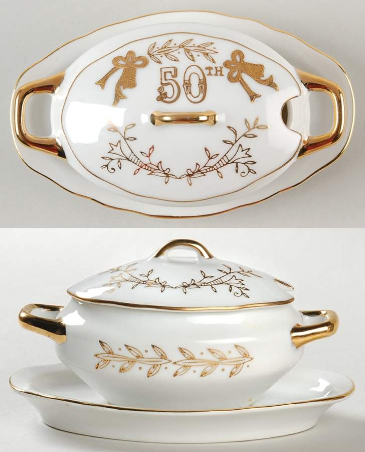 Anniversary Individual Gravy Boat & Lid W/Attached Underplate by Lefton-1