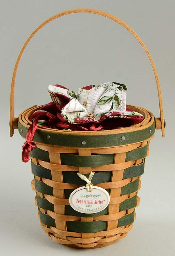 Baskets Green Peppermint Stripe&Liner w/Protector&Charm by Longaberger-1