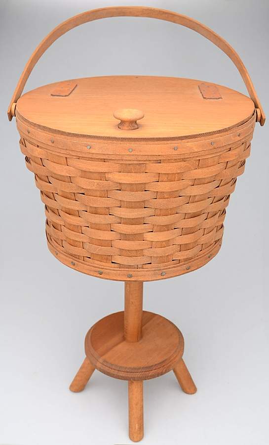 Baskets Round Sewing Basket & Wood Stand Set by Longaberger-1