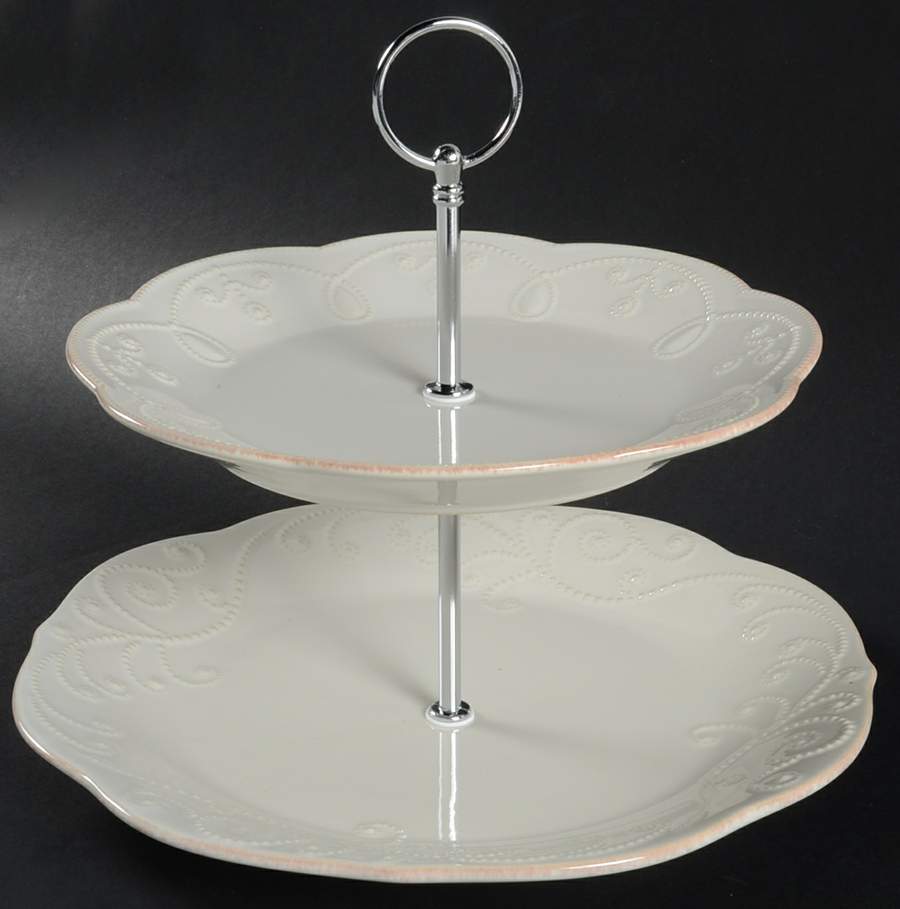 French Perle White 2 Tiered Serving Tray (Dinner & Salad Plate) by Lenox-1