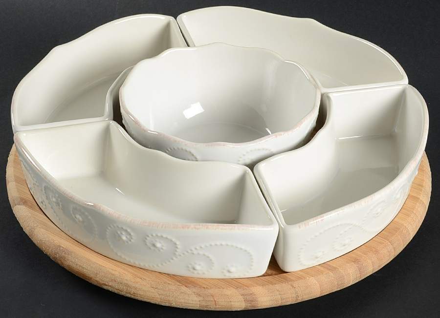 French Perle White Lazy Susan-6 Pc(4 Sides, Center & Wood Base) by Lenox-1