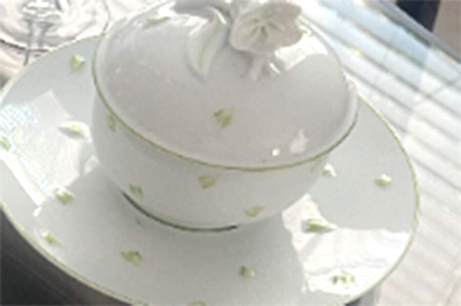 Muguet Green Round Gravy Boat & Lid with Underlate by Lalique-1