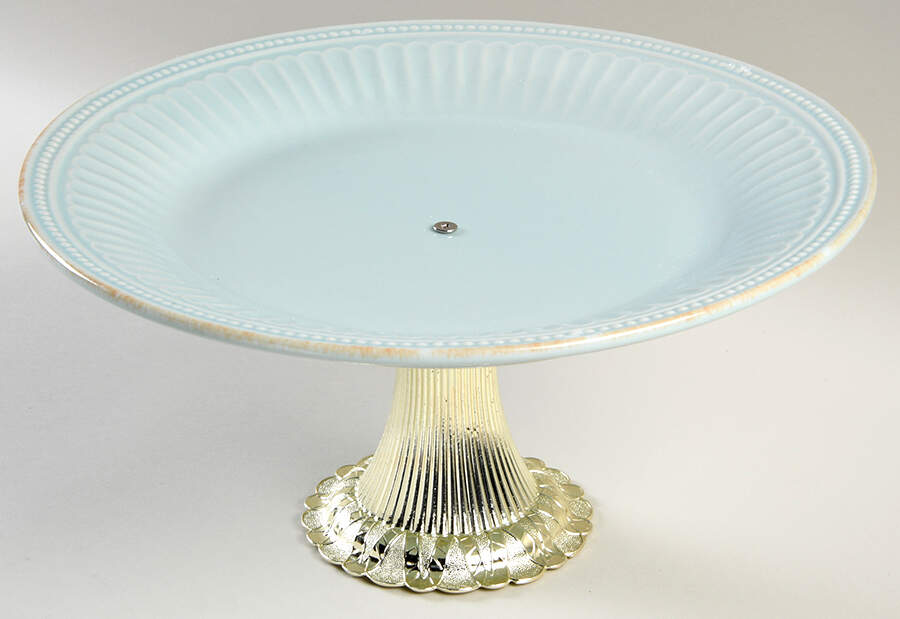 French Perle Groove Ice Blue Cake Stand with 4"-5" Metal Pedestal  Hc by Lenox-1