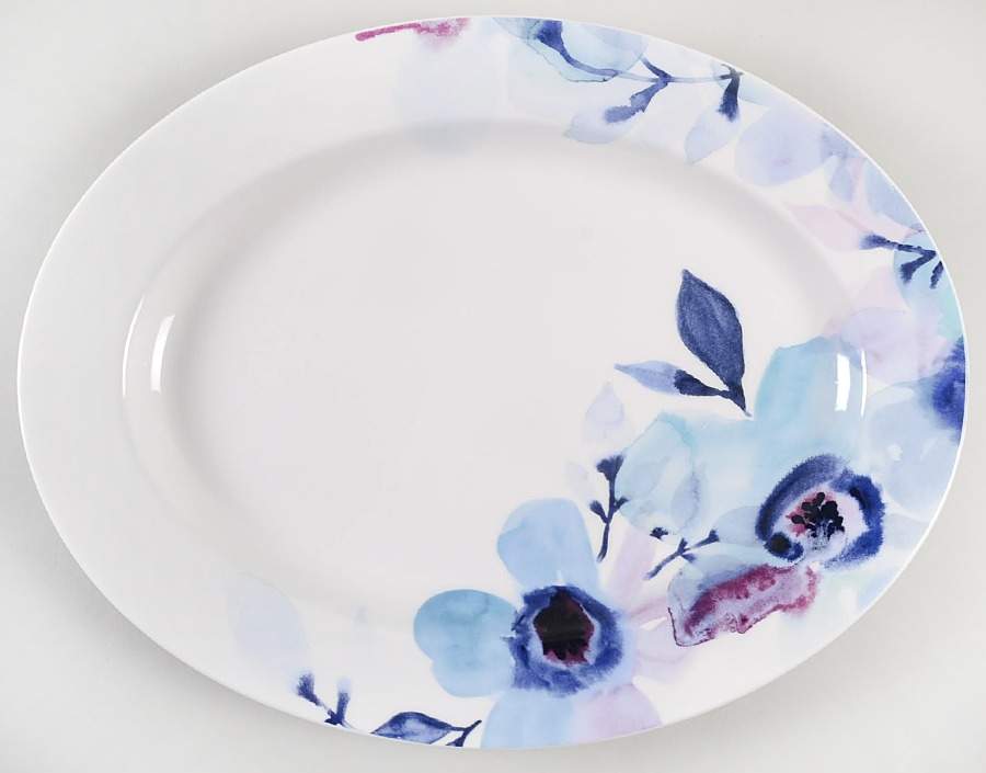 Indigo Watercolor Floral 16" Oval Serving Platter by Lenox-1
