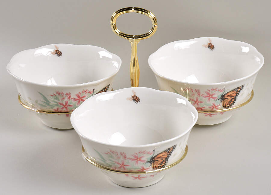 Butterfly Meadow Flutter 7" x 12" 3-Part Relish & Metal Stand (CERC) HC by Lenox-1
