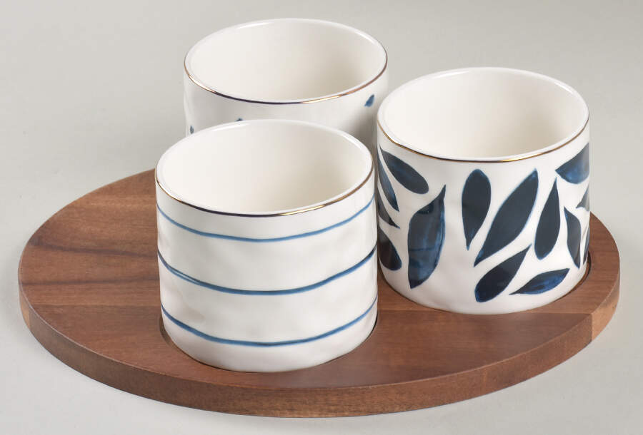 Blue Bay (4 Pc) Snack Set (3 Motif Dishes & Wood Tray) by Lenox-1