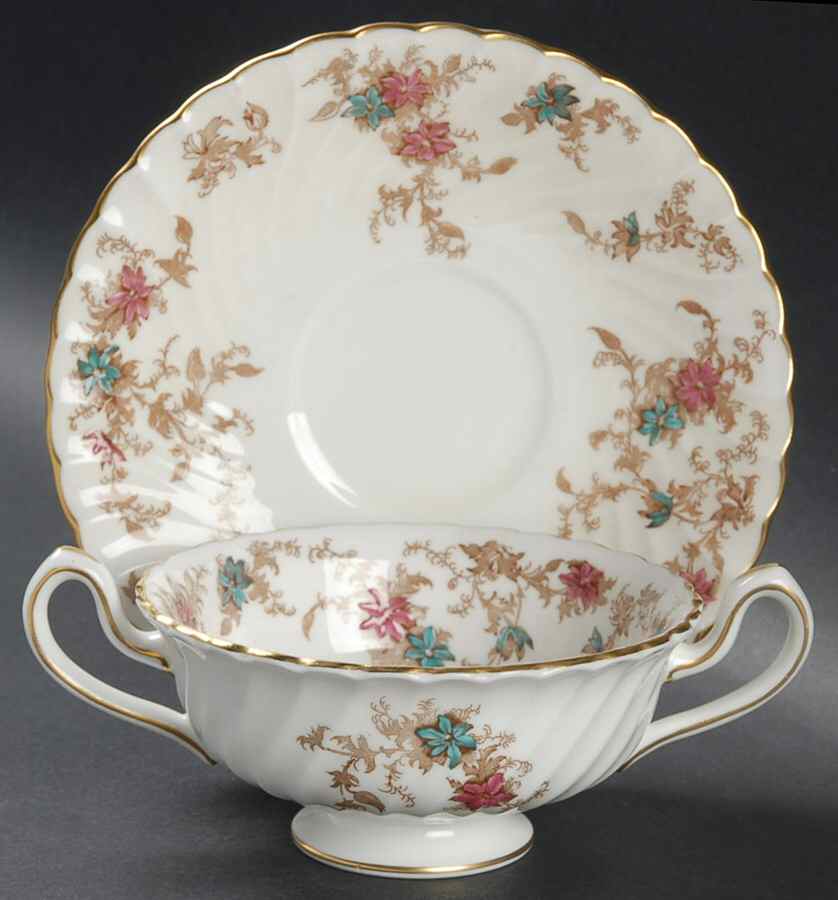 Ancestral (GLOBE BACKSTAMP) Footed Cream Soup Bowl & Saucer Set by Minton-1