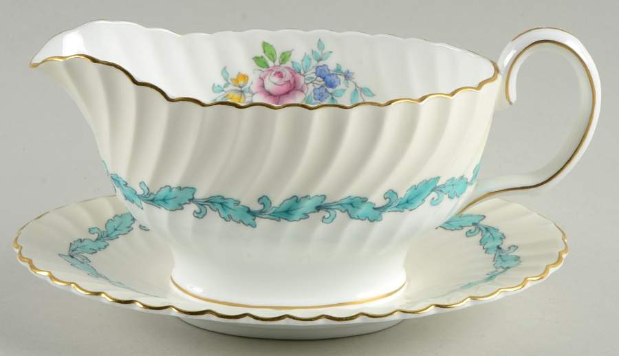 Ardmore Ivory and Turquoise Gravy Boat with Attached Underplate by Minton-1