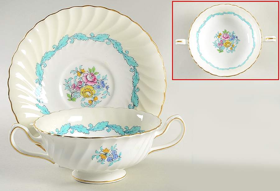 Ardmore Ivory and Turquoise Footed Cream Soup Bowl & Saucer Set by Minton-1