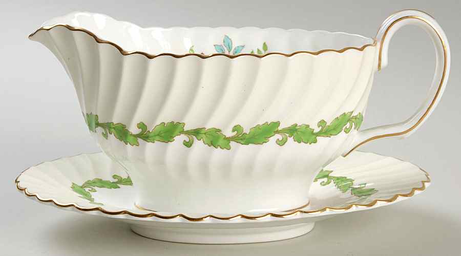 Ardmore (Green Leaf) Gravy Boat with Attached Underplate by Minton-1