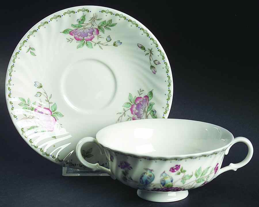 Birds of Paradise Footed Cream Soup Bowl & Saucer Set by Minton-1