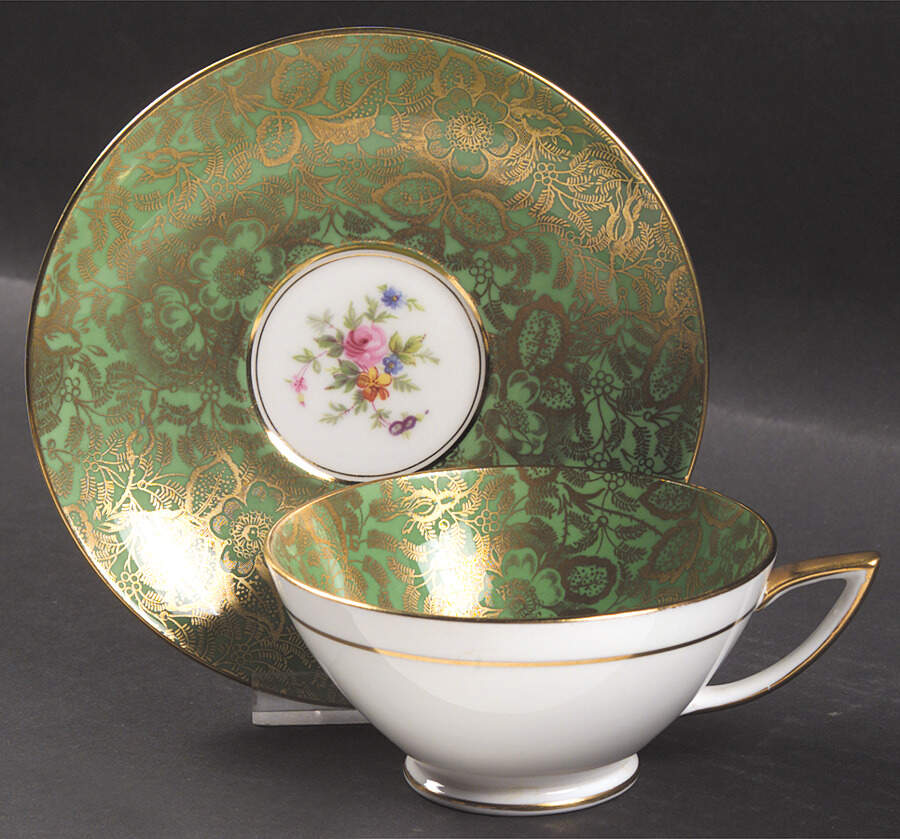 Brocade Green Footed Cup & Saucer Set by Minton-1