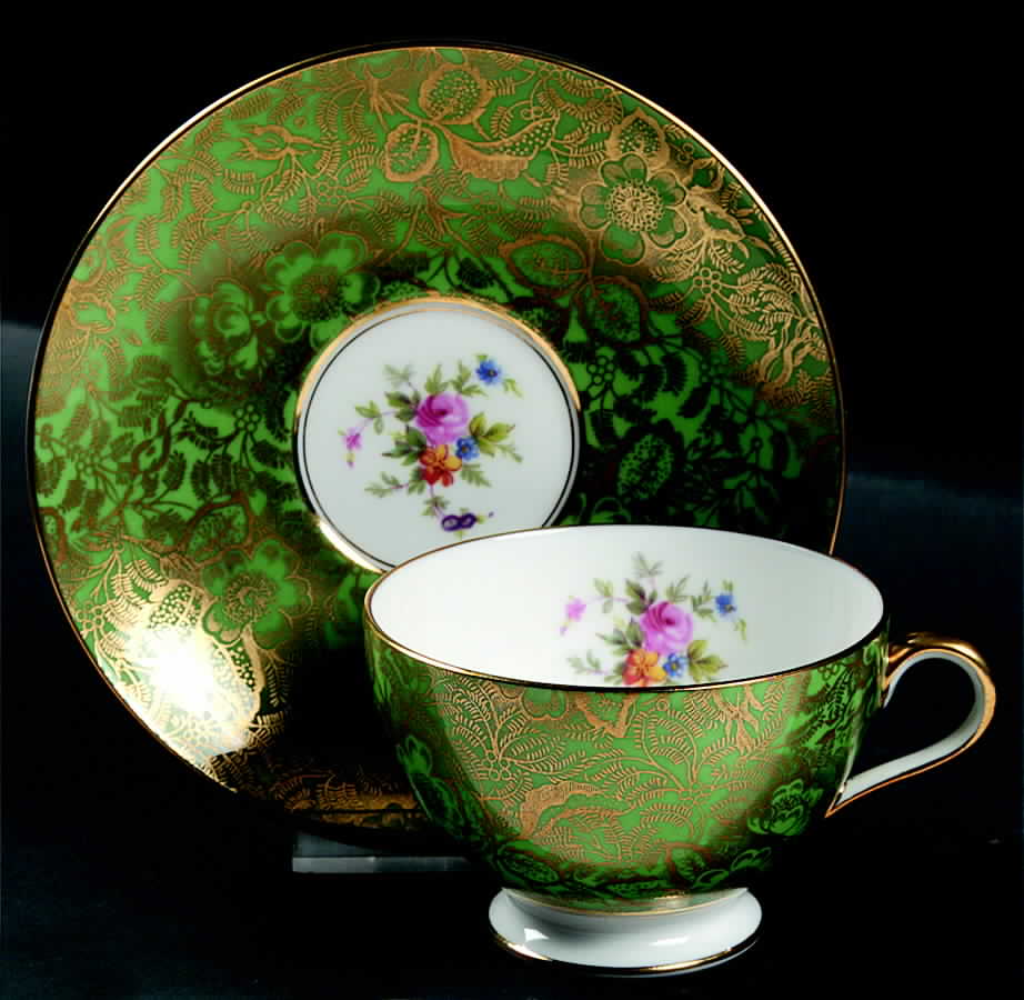 Brocade Green Footed Cup & Saucer Set by Minton-1