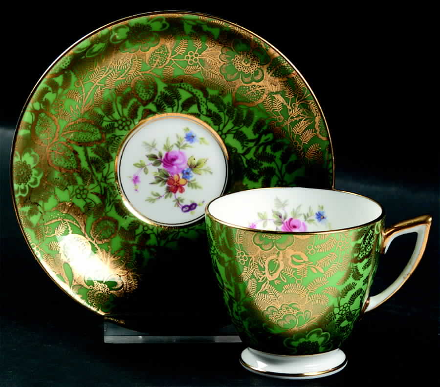 Brocade Green Footed Demitasse Cup & Saucer Set by Minton-1