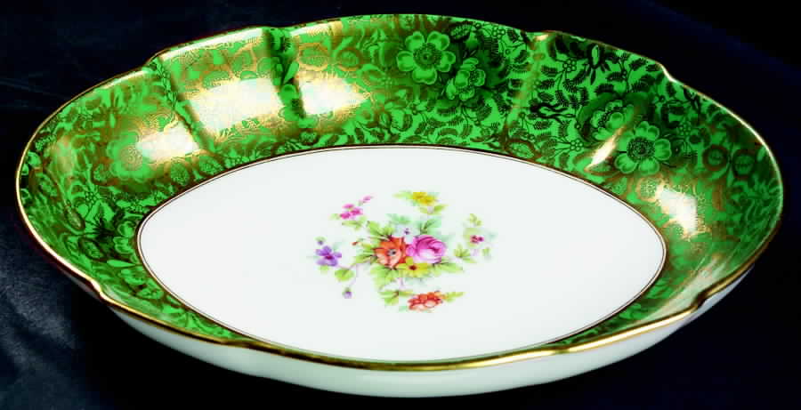 Brocade Green 10" Oval Vegetable Bowl by Minton-1