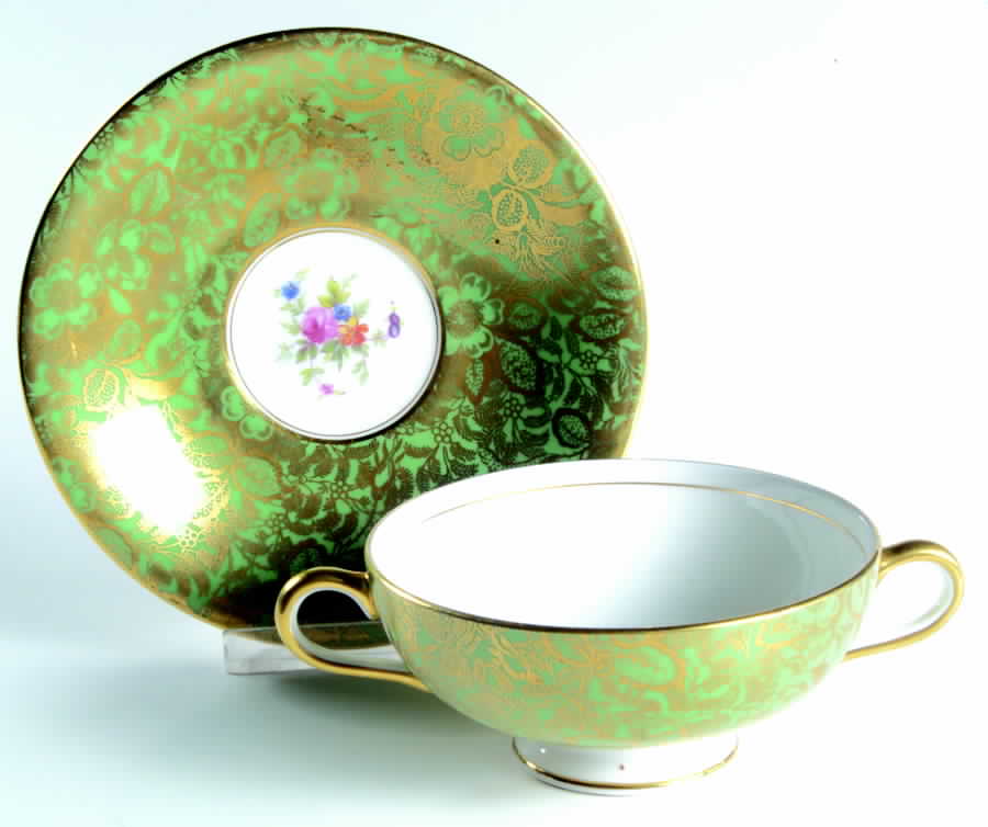 Brocade Green Footed Cream Soup Bowl & Saucer Set by Minton-1