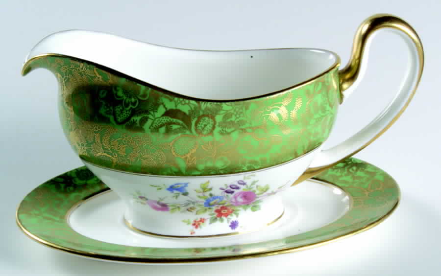 Brocade Green Gravy Boat & Underplate by Minton-1