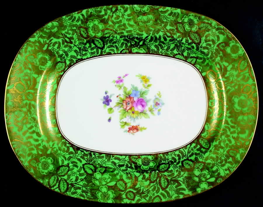 Brocade Green 10" Oval Serving Platter by Minton-1