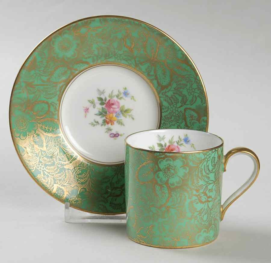 Brocade Green Flat Demitasse Cup & Saucer Set by Minton-1